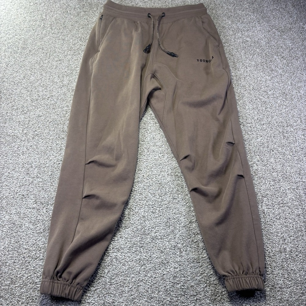 YoungLA Sweatpants Mens Medium Brown Fleece Jogger Elastic Waist Zip Pockets